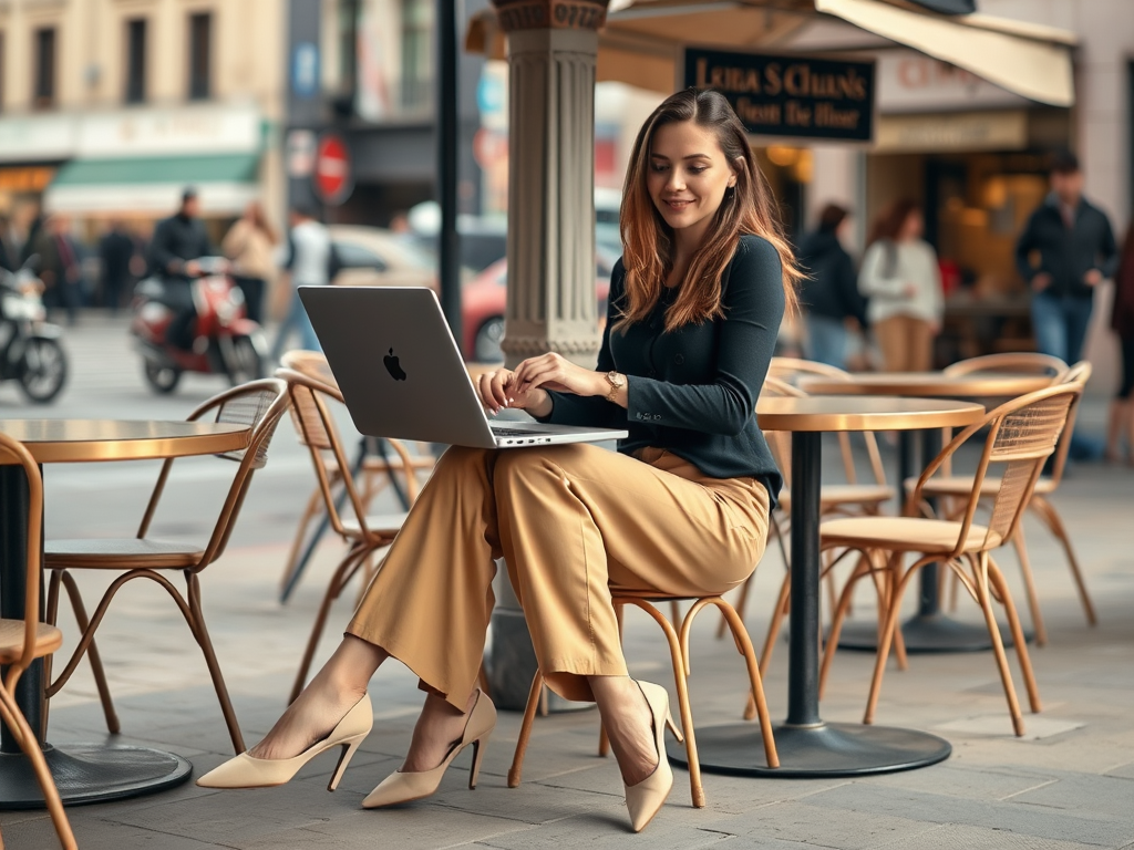 Kobieta pracująca na laptopie w kawiarni na ulicy, uśmiecha się, otoczona miejskim życiem.