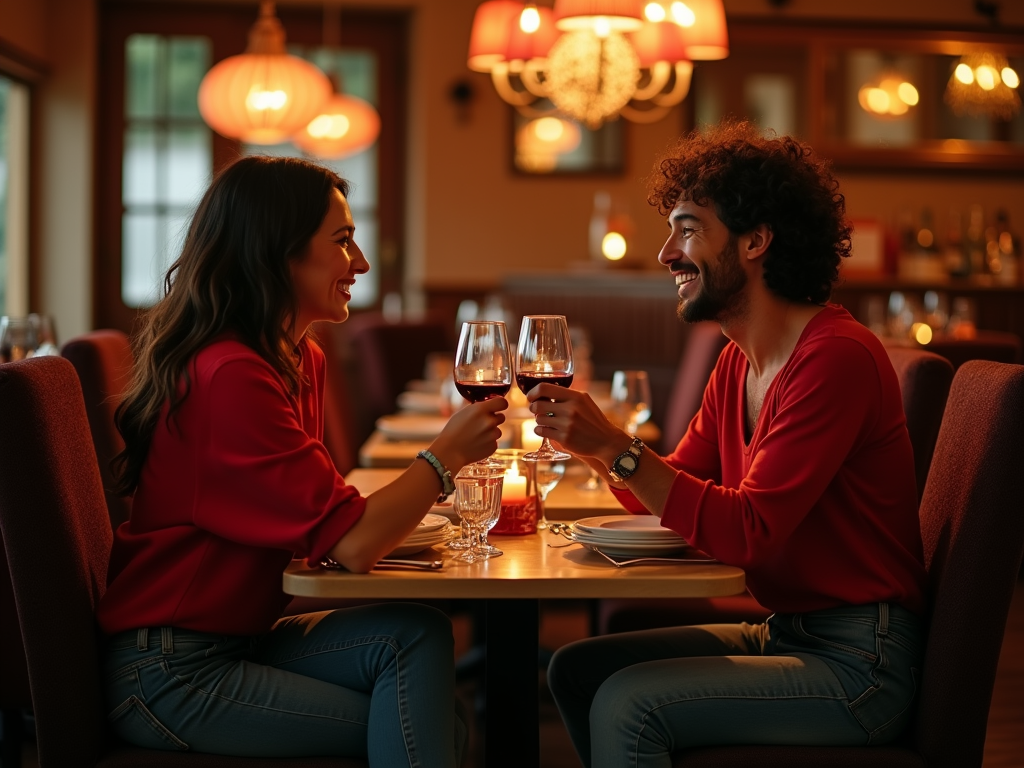 Para uśmiechniętych ludzi w czerwonych swetrach toastuje winem w romantycznej restauracji.